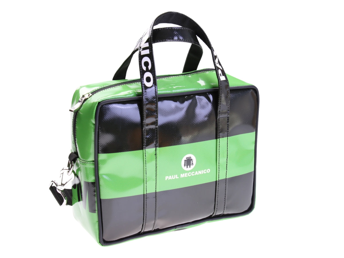 ....BLACK AND GREEN RECTANGULAR WOMEN&#39;S BAG. MODEL PINCA MADE OF LORRY TARPAULIN.