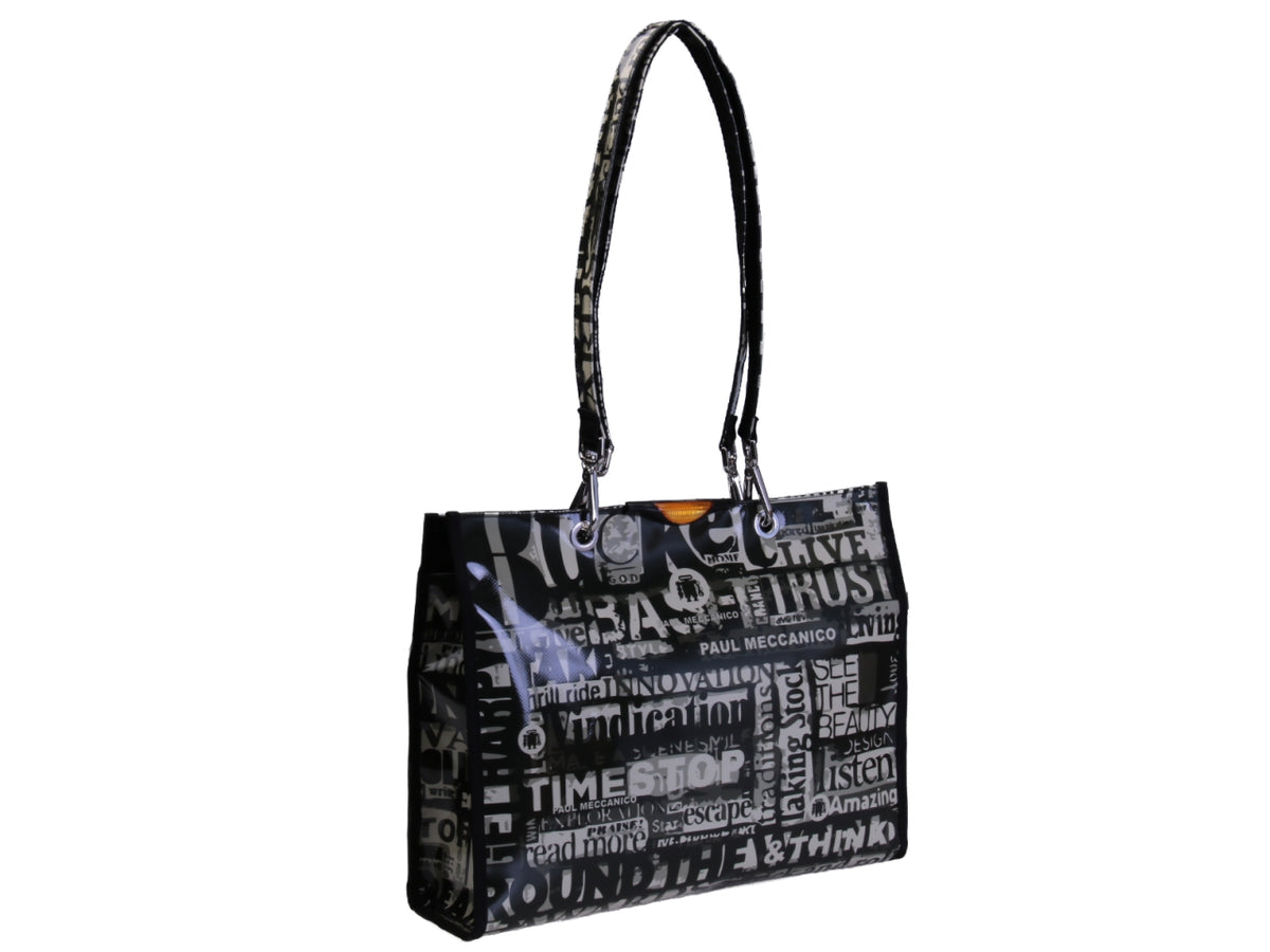 BLACK FOREST SHOPPER BAG WITH LETTERING FANTASY. MODEL PEPE MADE OF LORRY TARPAULIN.