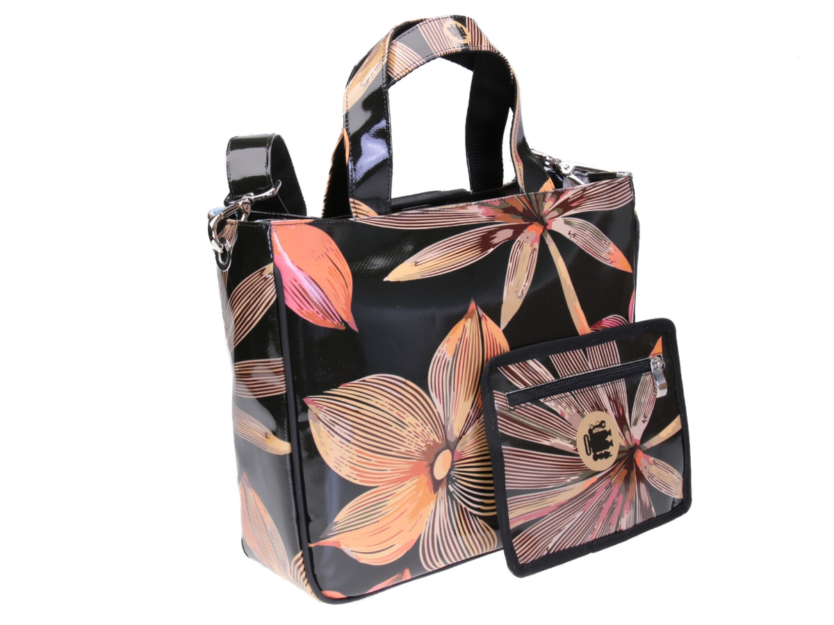 BLACK TOTE BAG FANTASY FLORAL FANTASY. MODEL GLAM MADE OF LORRY TARPAULIN.