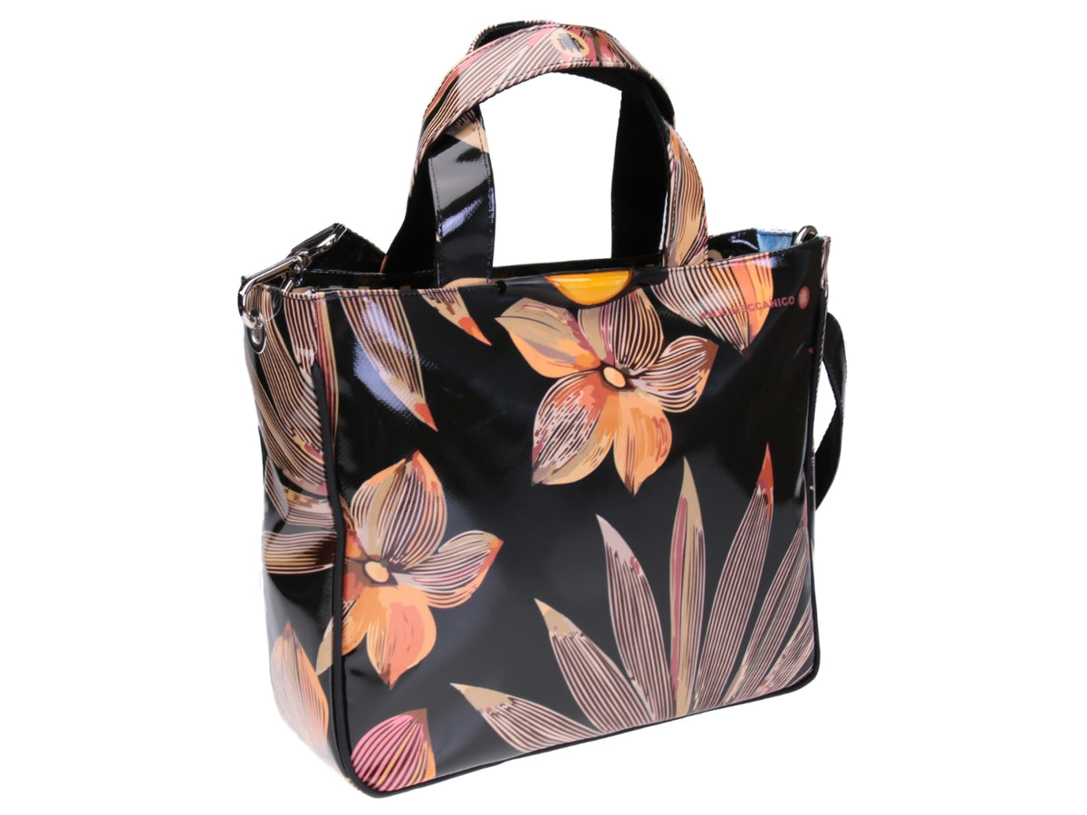 BLACK TOTE BAG FANTASY FLORAL FANTASY. MODEL GLAM MADE OF LORRY TARPAULIN.