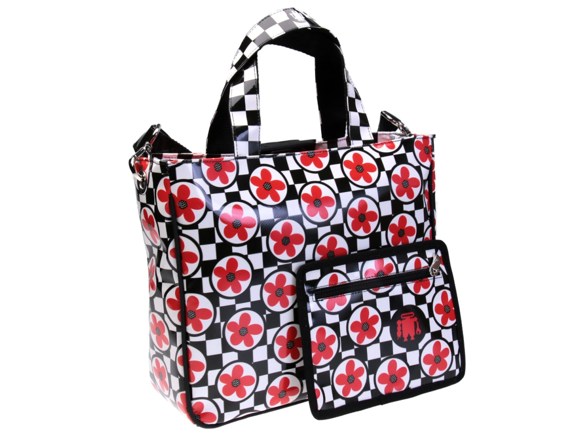 TOTE BAG BLACK, WHITE AND RED WITH FLORAL FANTASY. MODEL GLAM MADE OF LORRY TARPAULIN.