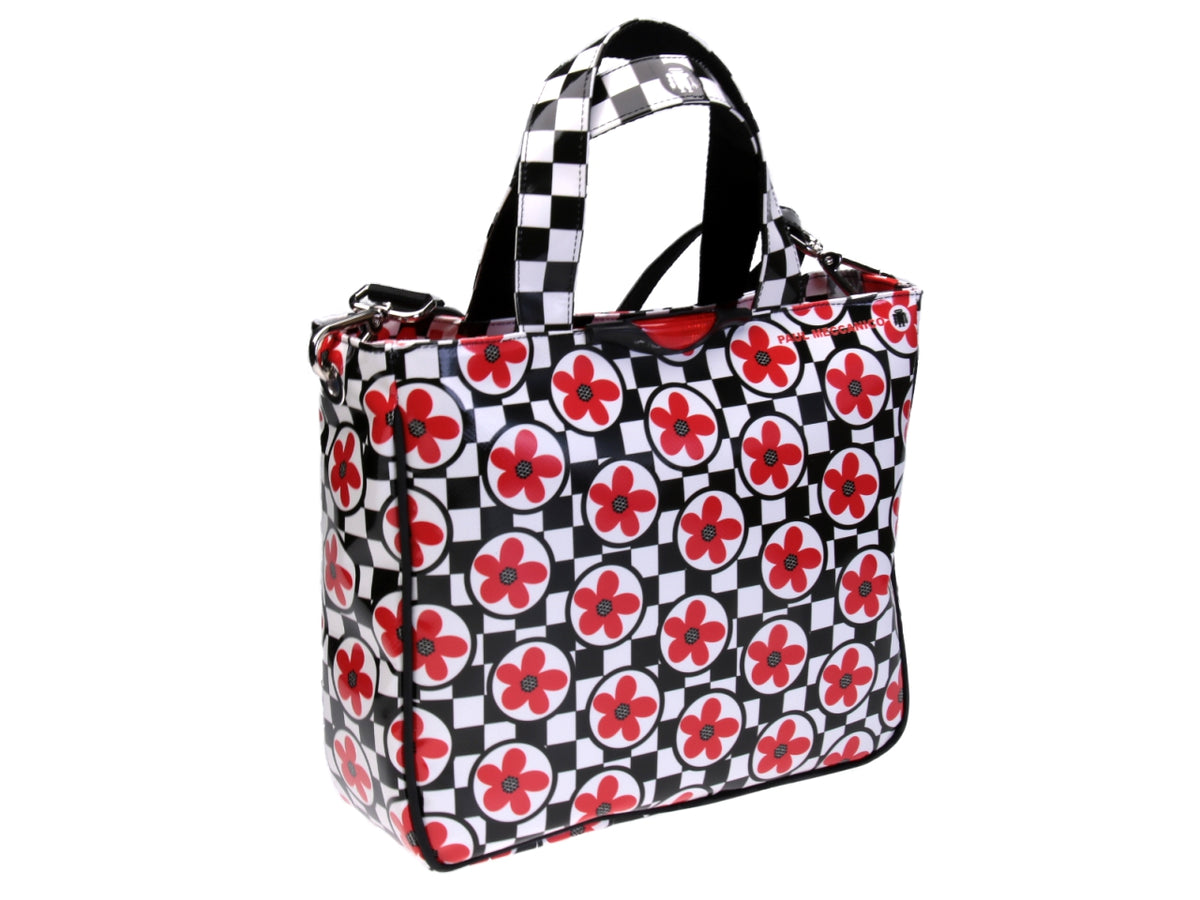 TOTE BAG BLACK, WHITE AND RED WITH FLORAL FANTASY. MODEL GLAM MADE OF LORRY TARPAULIN.