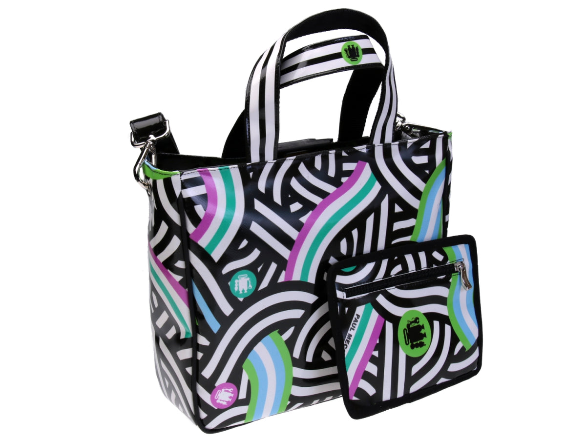 MULTICOLOR TOTE BAG WITH WEAVING FANTASY. MODEL GLAM MADE OF LORRY TARPAULIN.