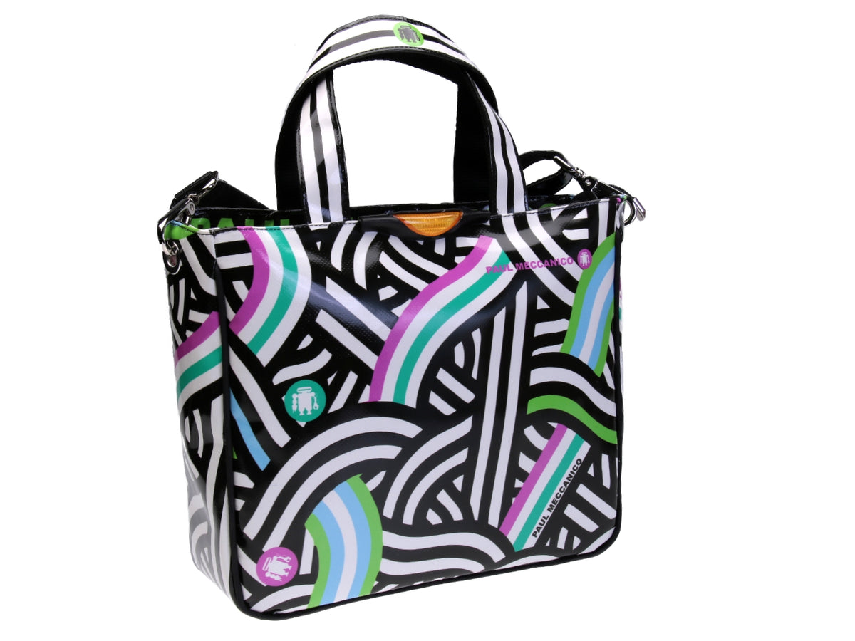 MULTICOLOR TOTE BAG WITH WEAVING FANTASY. MODEL GLAM MADE OF LORRY TARPAULIN.