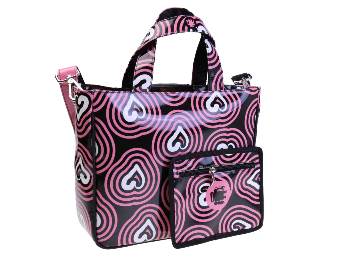 BLACK AND PINK TOTE BAG &quot;HEARTS&quot;. MODEL GLAM MADE OF LORRY TARPAULIN.