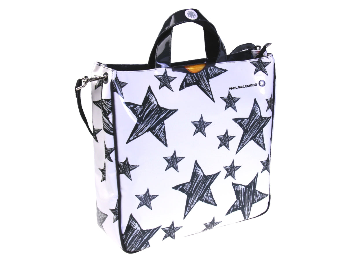 WHITE MAXI TOTE BAG &quot;STARS&quot;. MODEL AIRSTONE MADE OF LORRY TARPAULIN.