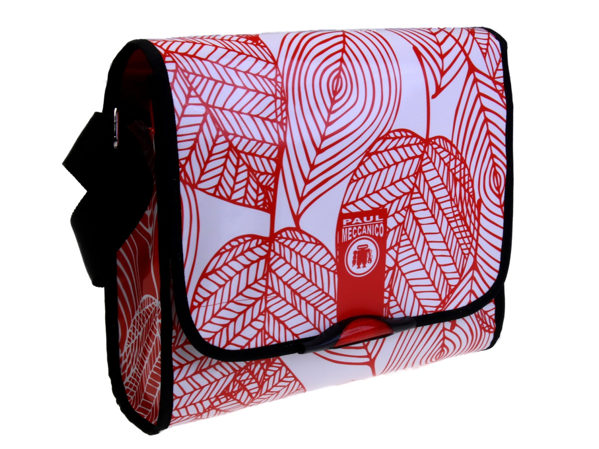 CROSSBODY BAG WHITE AND RED FLORAL FANTASY. MODEL BREAK MADE OF LORRY TARPAULIN.