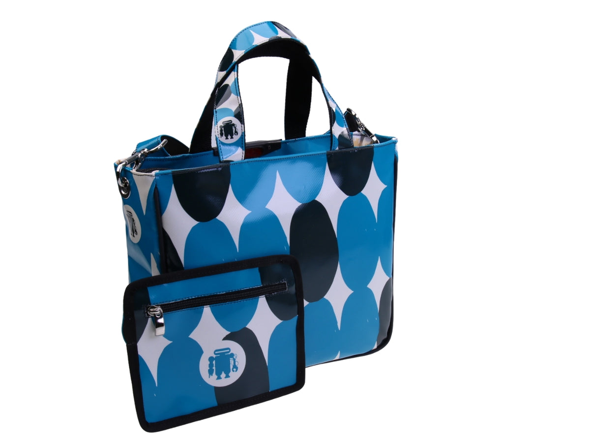 TOTE BAG WHITE AND BLUE WITH ABSTRACT FANTASY. MODEL GLAM MADE OF LORRY TARPAULIN.