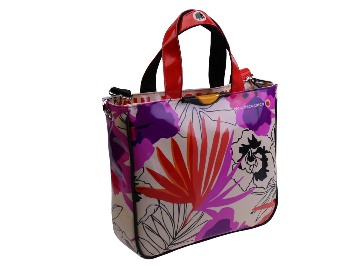 BEIGE TOTE BAG WITH FLORAL FANTASY. MODEL GLAM MADE OF LORRY TARPAULIN.