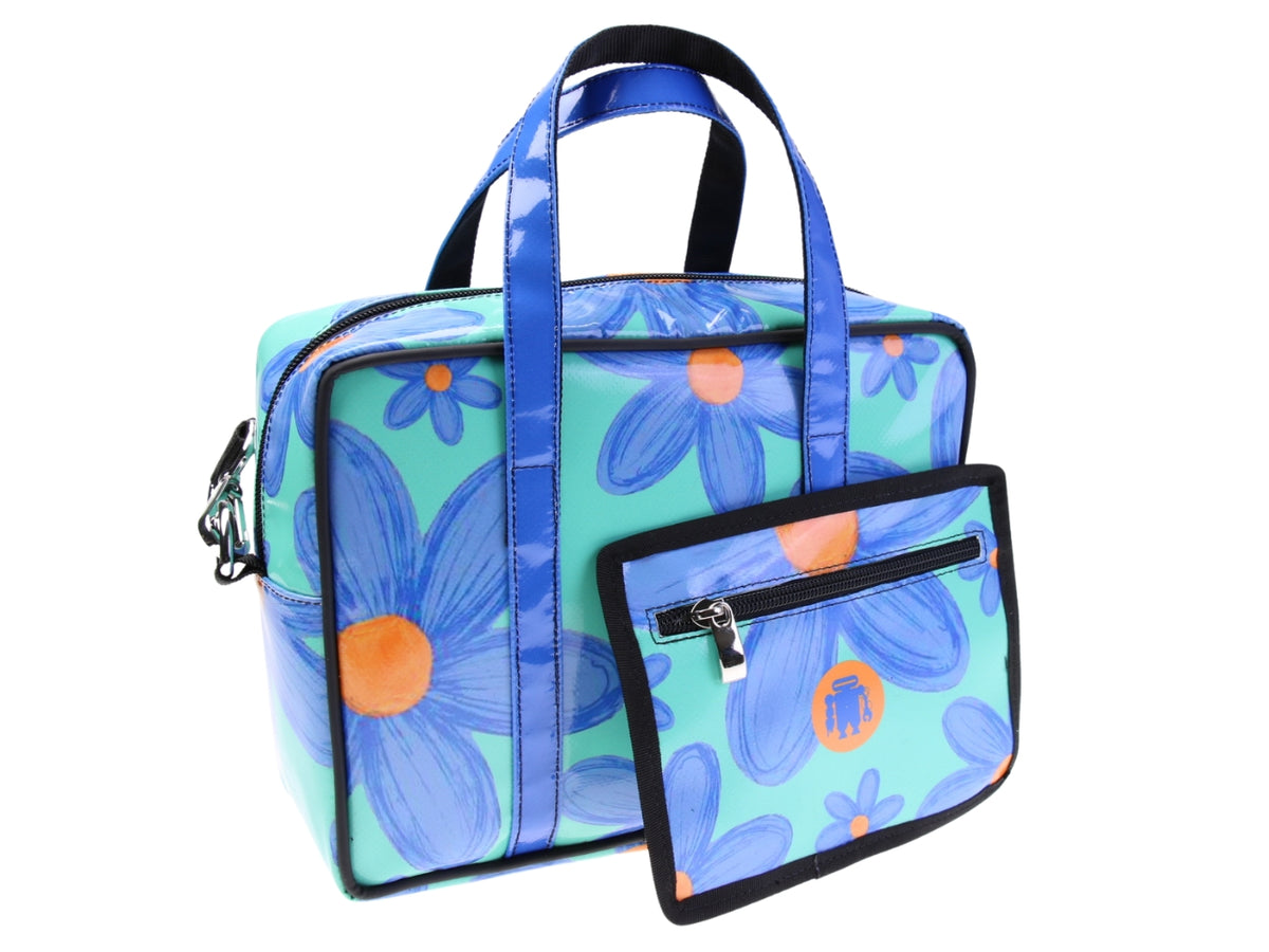 BORSA BAULETTO RETTANGOLARE DA DONNA VERDE ACQUA FANTASIA FLOREALE. MODELLO PINCA REALIZZATO IN TELONE CAMION.