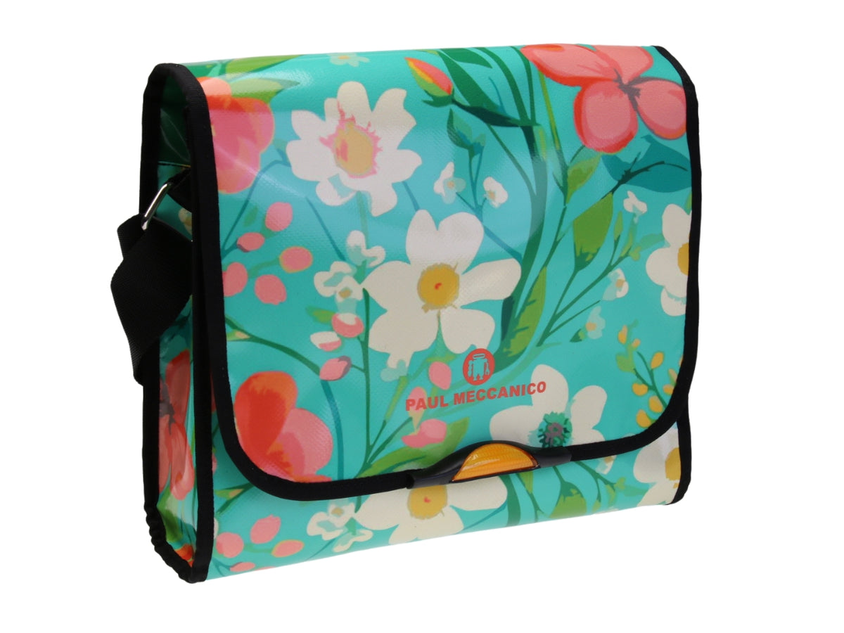 ...WATER GREEN CROSSBODY BAG WITH FLORAL FANTASY. MODEL BREAK MADE OF LORRY TARPAULIN.