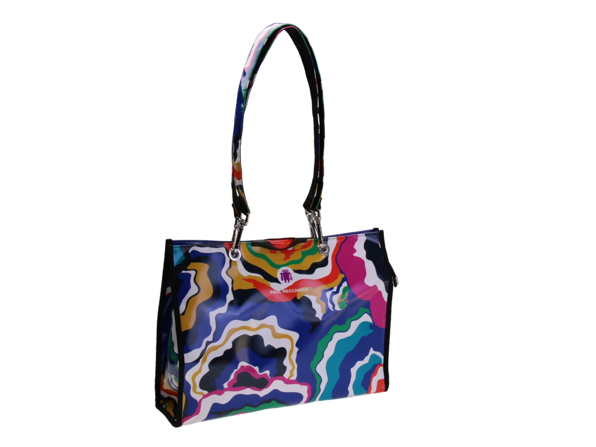 ...MULTICOLOR SHOPPER BAG WITH ABSTRACT FANTASY. MODEL PEPE MADE OF LORRY TARPAULIN.