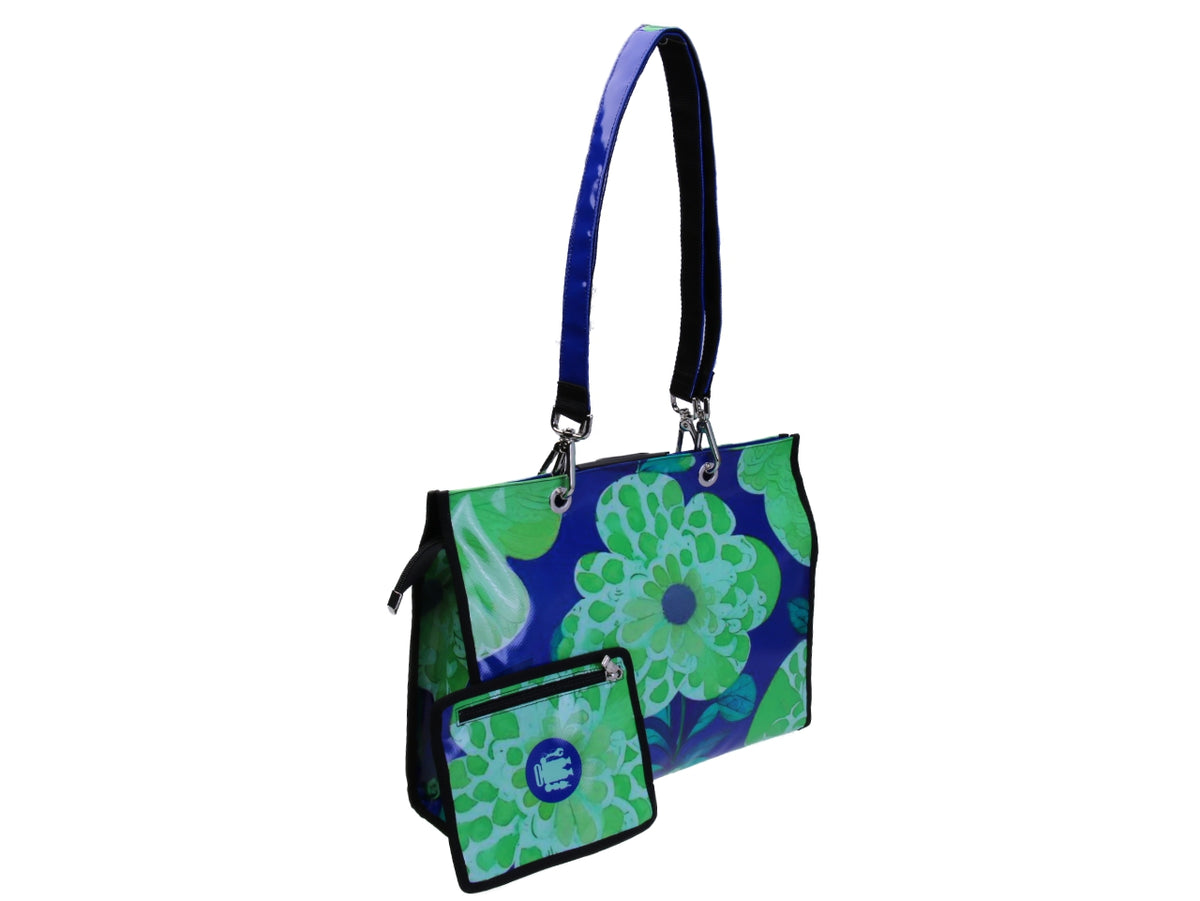 ROYAL AND GREEN SHOPPER BAG  WITH FLORAL FANTASY. MODEL PEPE MADE OF LORRY TARPAULIN.