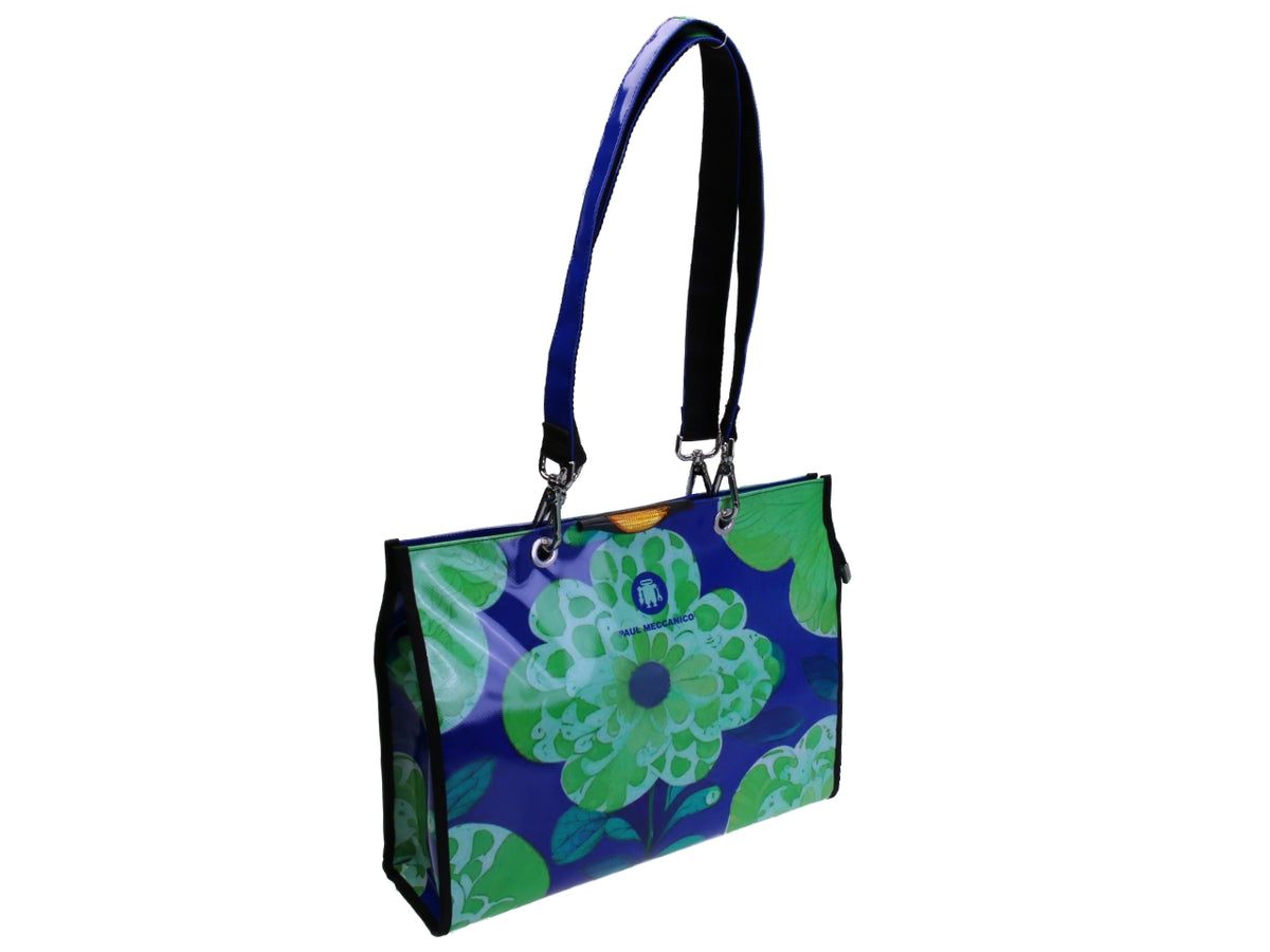 ROYAL AND GREEN SHOPPER BAG  WITH FLORAL FANTASY. MODEL PEPE MADE OF LORRY TARPAULIN.