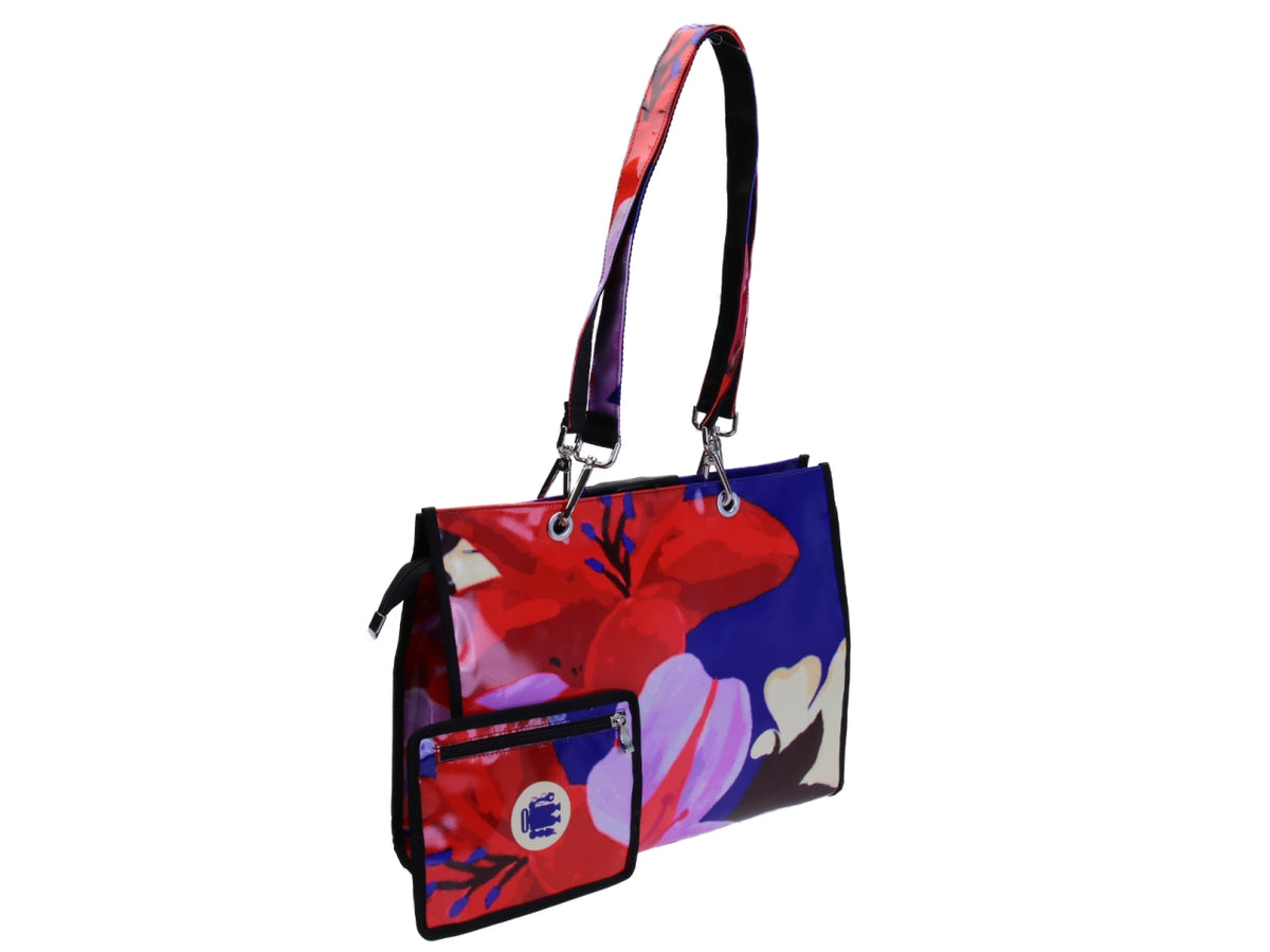 SHOPPER BAG RED, ROYAL AND LILAC COLOURS WITH FLORAL FANTASY. MODEL PEPE MADE OF LORRY TARPAULIN.