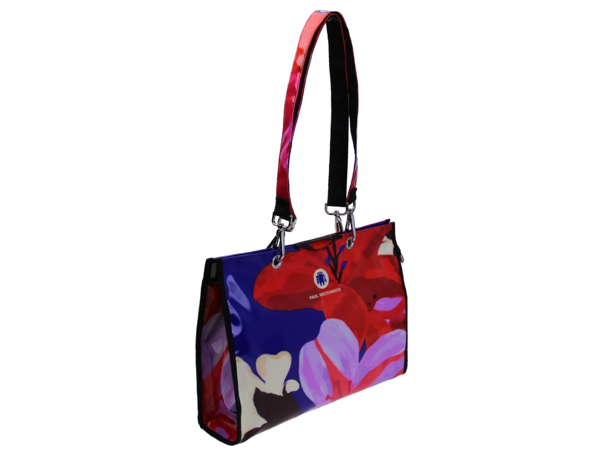 SHOPPER BAG ROSSO, ROYAL E LILLA FANTASIA FLOREALE. MODELLO PEPE IN TELONE CAMION.