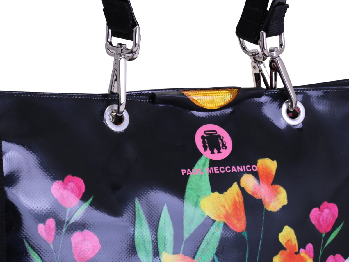 BLACK SHOPPER BAG WITH FLORAL FANTASY. MODEL PEPE MADE OF LORRY TARPAULIN.