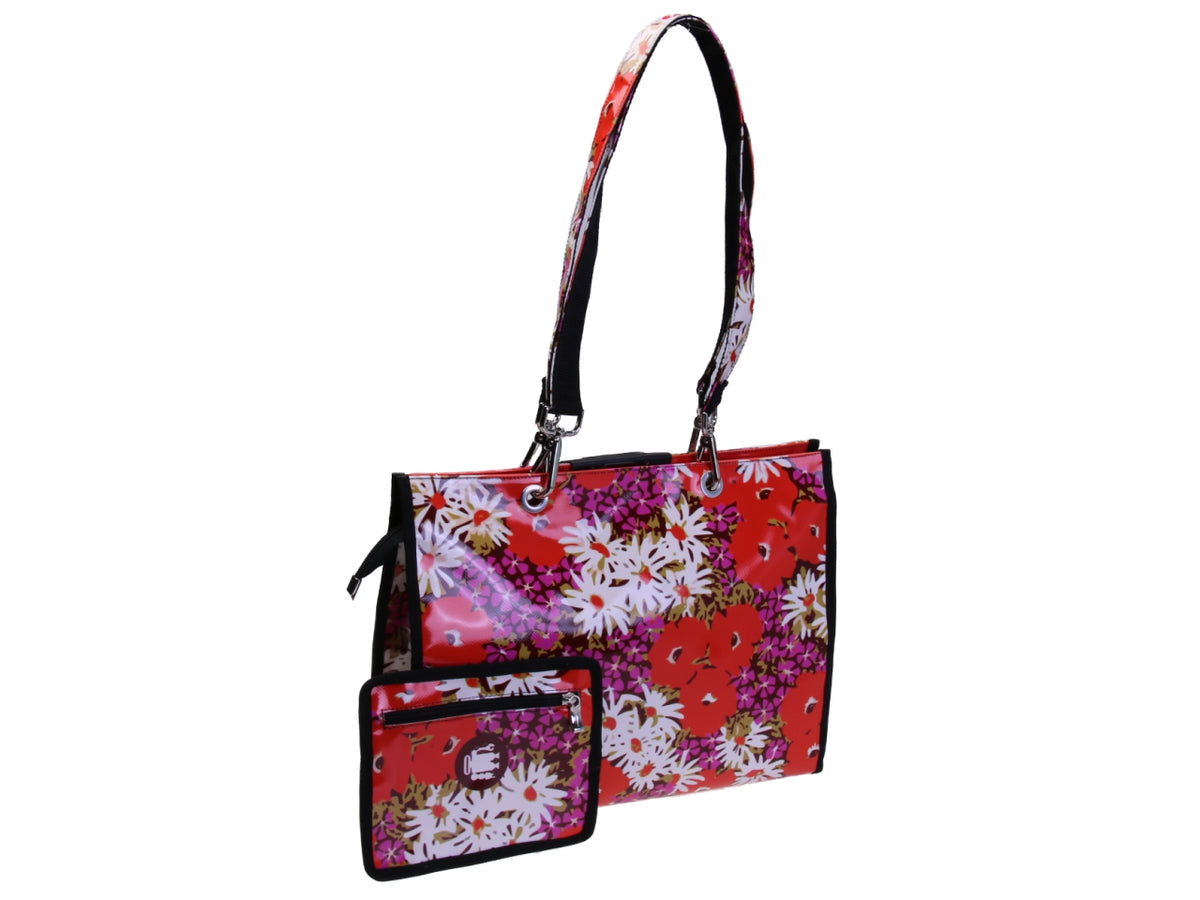 RED SHOPPER BAG WITH FLORAL FANTASY. MODEL PEPE MADE OF LORRY TARPAULIN.