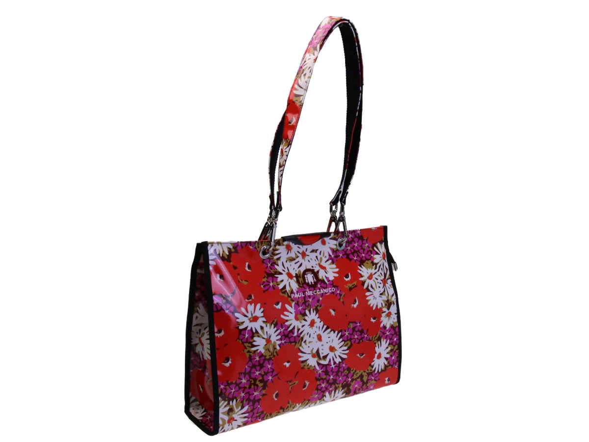 RED SHOPPER BAG WITH FLORAL FANTASY. MODEL PEPE MADE OF LORRY TARPAULIN.