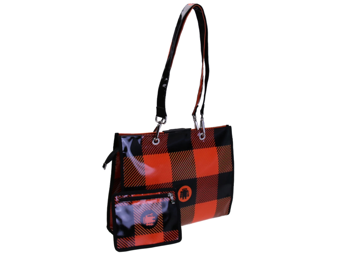 BLACK AND ORANGE SHOPPER BAG WITH CHESS FANTASY. MODEL PEPE MADE OF LORRY TARPAULIN.