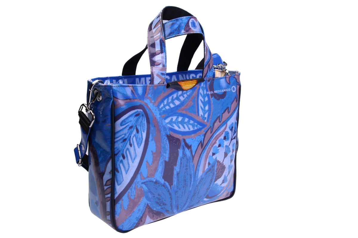 BORSA DONNA AZZURRA FANTASIA FLOREALE. MODELLO GLAM IN TELONE CAMION.