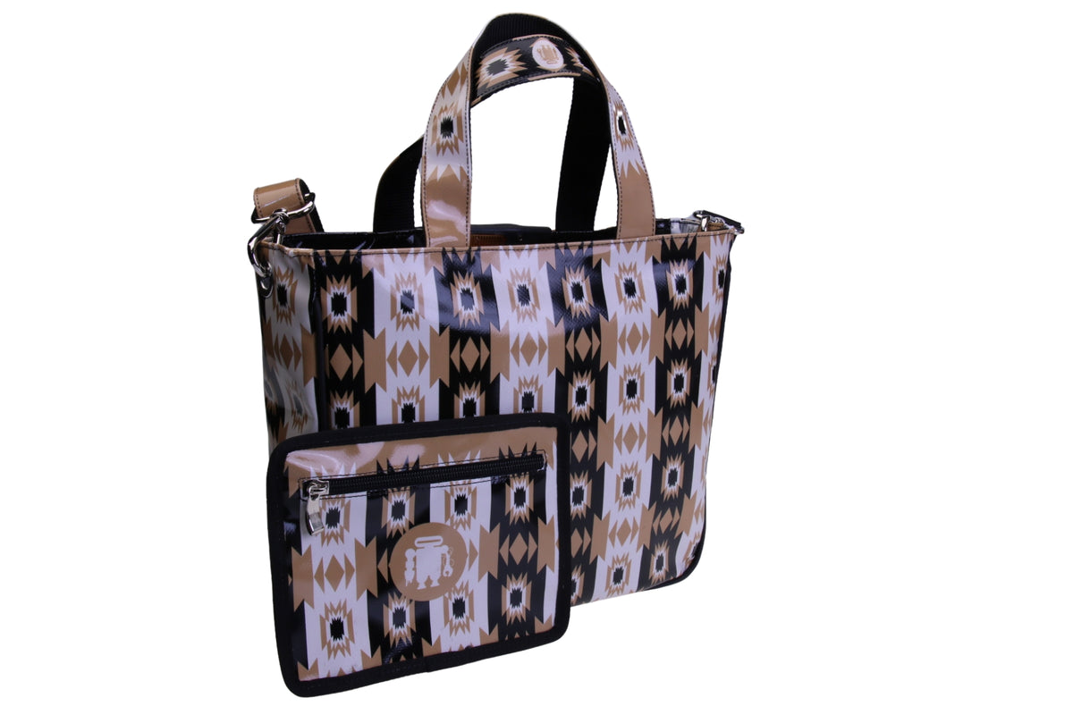 BORSA DONNA BEIGE E NERA FANTASIA ETNICA. MODELLO GLAM IN TELONE CAMION.