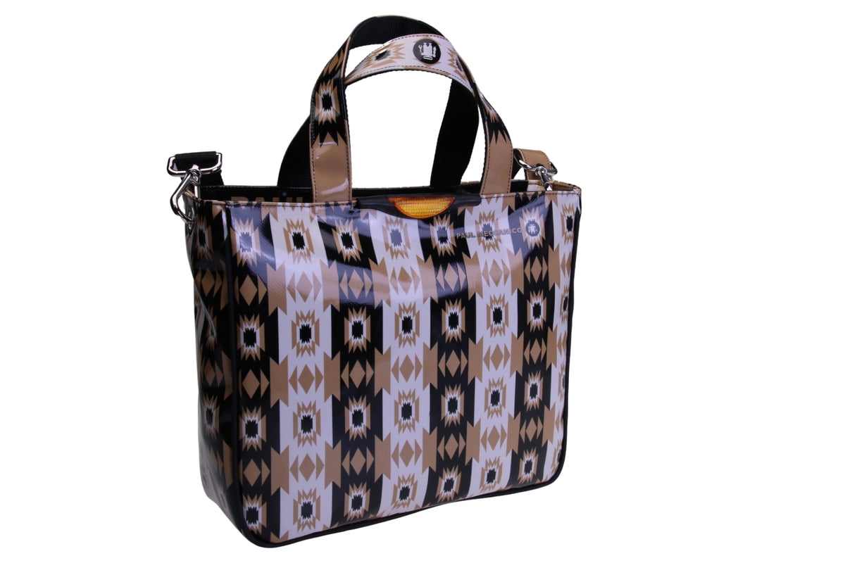 TOTE BAG BEIGE AND BLACK WITH ETHNIC FANTASY. MODEL GLAM MADE OF LORRY TARPAULIN.