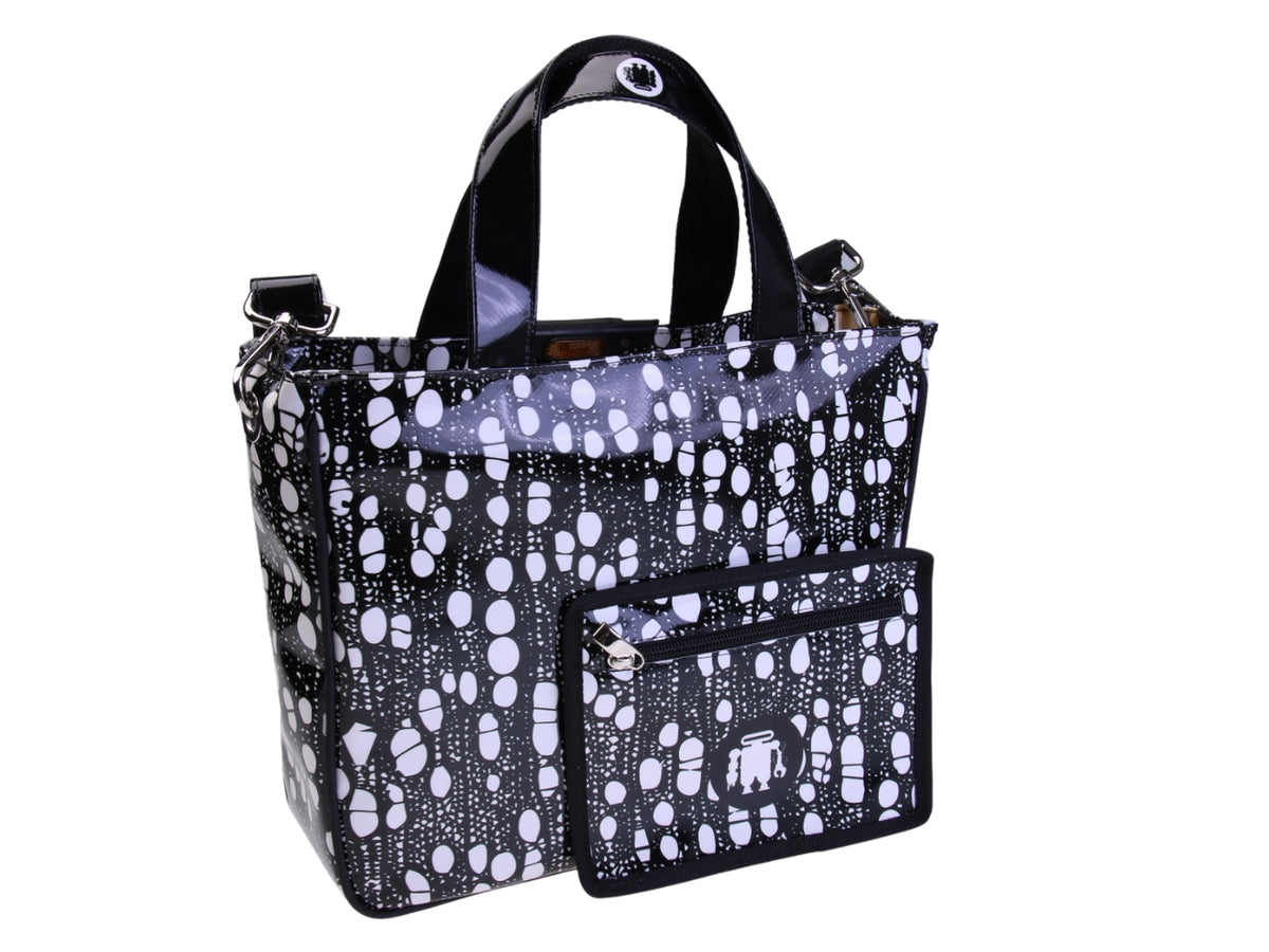 .BLACK AND WHITE TOTE BAG . MODEL GLAM MADE OF LORRY TARPAULIN.