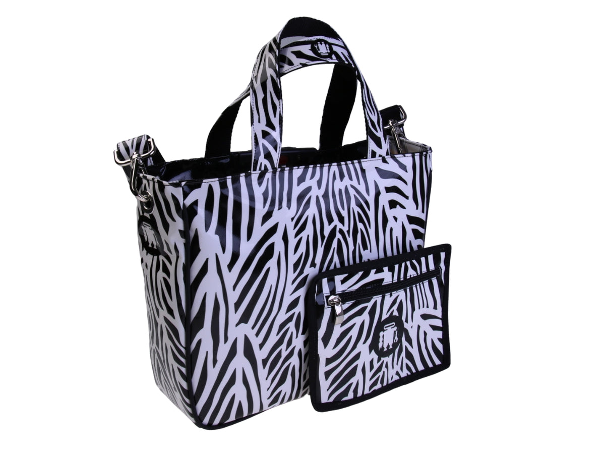 .BLACK AND WHITE TOTE BAG WITH ANIMALIER FANTASY . MODEL GLAM MADE OF LORRY TARPAULIN.