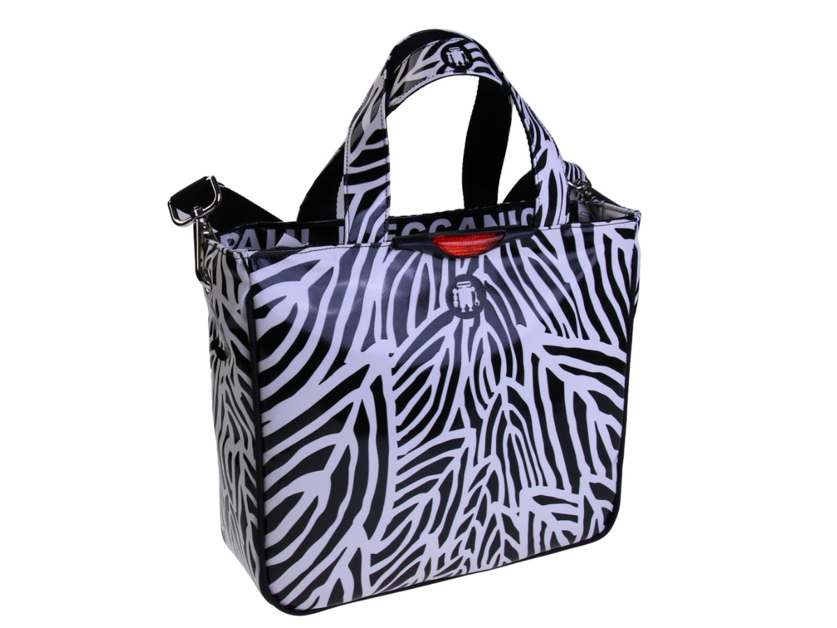 .BLACK AND WHITE TOTE BAG WITH ANIMALIER FANTASY . MODEL GLAM MADE OF LORRY TARPAULIN.