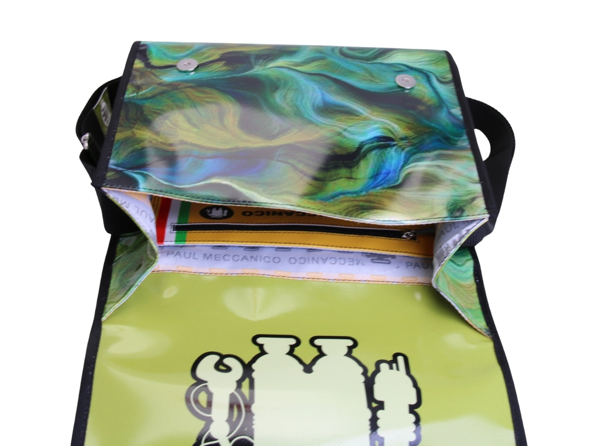 _ CROSSBODY BAG GREEN WITH TIE DYE FANTASY. MODEL BREAK MADE OF LORRY TARPAULIN.