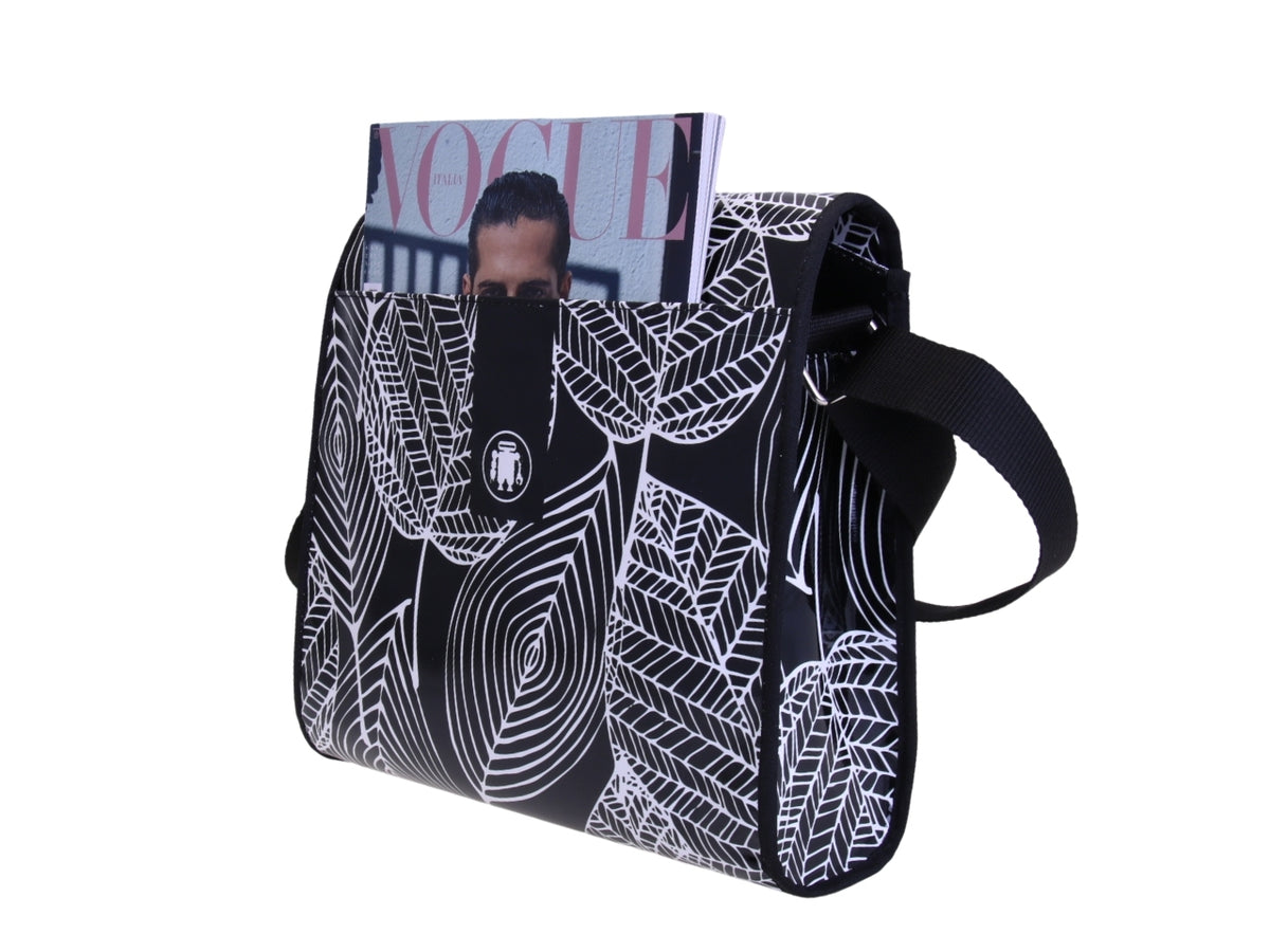 _ CROSSBODY BAG BLACK &amp; WHITE WITH FLORAL FANTASY. MODEL BREAK MADE OF LORRY TARPAULIN.