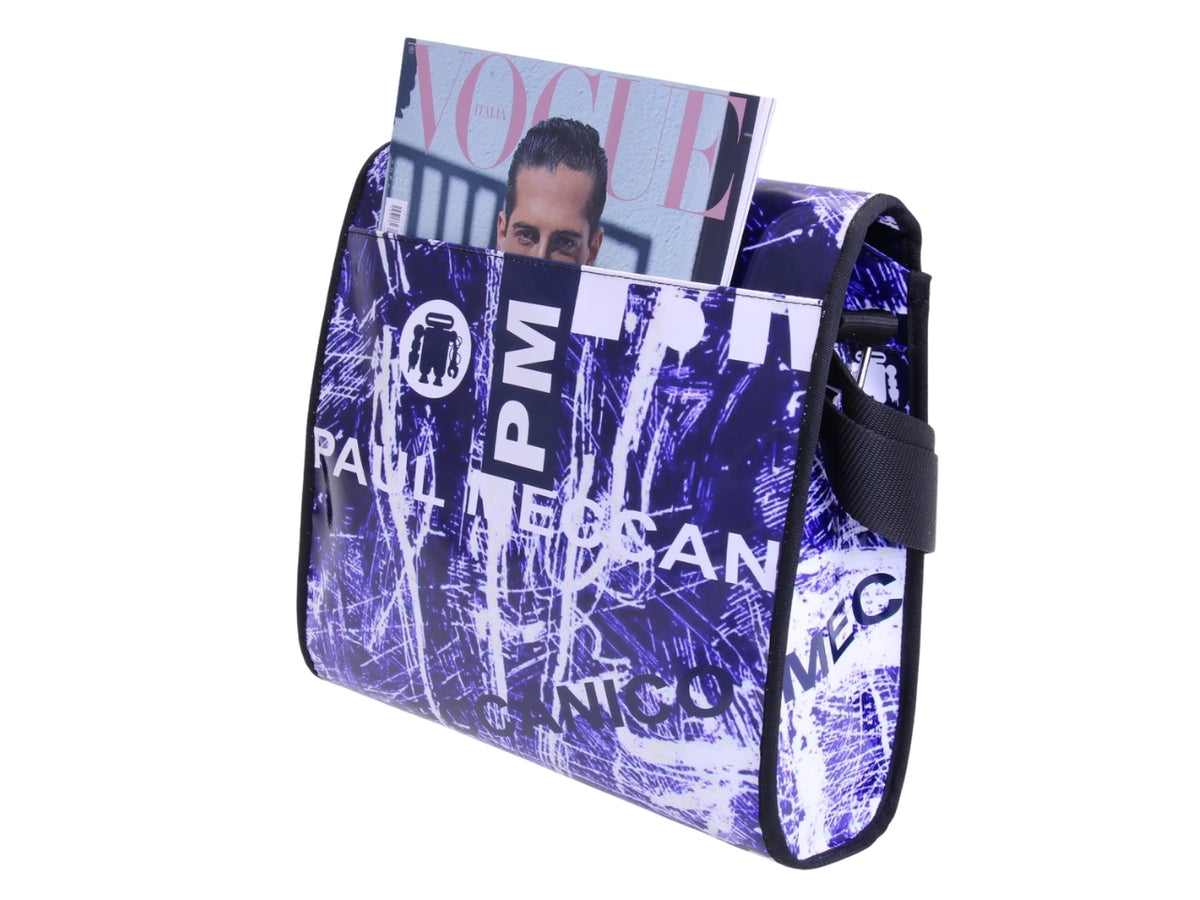 _ CROSSBODY BAG BLUE AND WHITE WITH GRAFFITI FANTASY. MODEL BREAK MADE OF LORRY TARPAULIN.