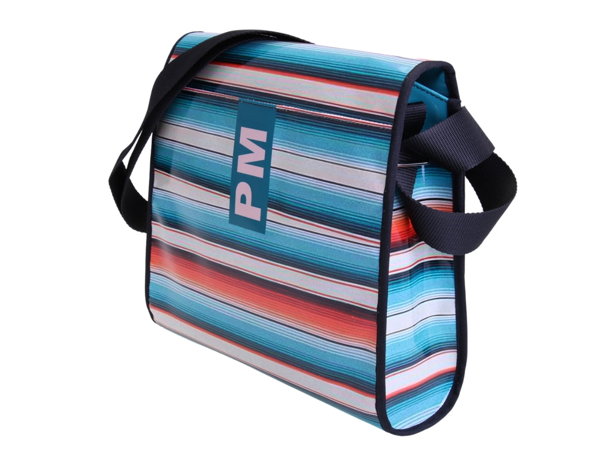 _ CROSSBODY BAG WITH PASTEL STRIPES. MODEL BREAK MADE OF LORRY TARPAULIN.