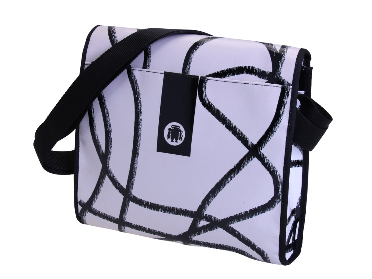 _ CROSSBODY BAG OFF WHITE AND BLACK. MODEL BREAK MADE OF LORRY TARPAULIN.