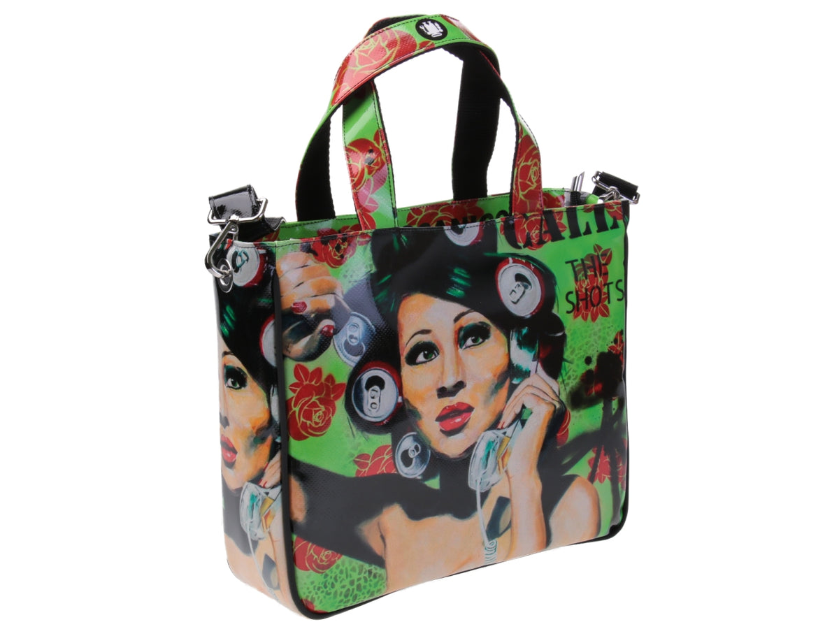 TOTE BAG &quot;CALL THE SHOTS&quot; DESIGNED BY BIANCA LEVER. MODEL GLAM MADE OF LORRY TARPAULIN.