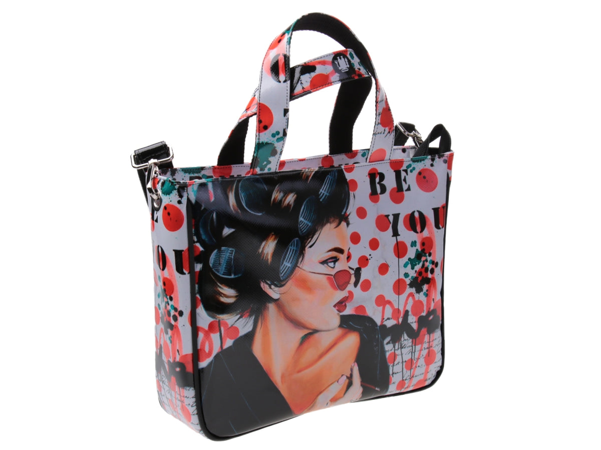 TOTE BAG &quot;BE YOU&quot; DESIGNED BY BIANCA LEVER. MODEL GLAM MADE OF LORRY TARPAULIN.