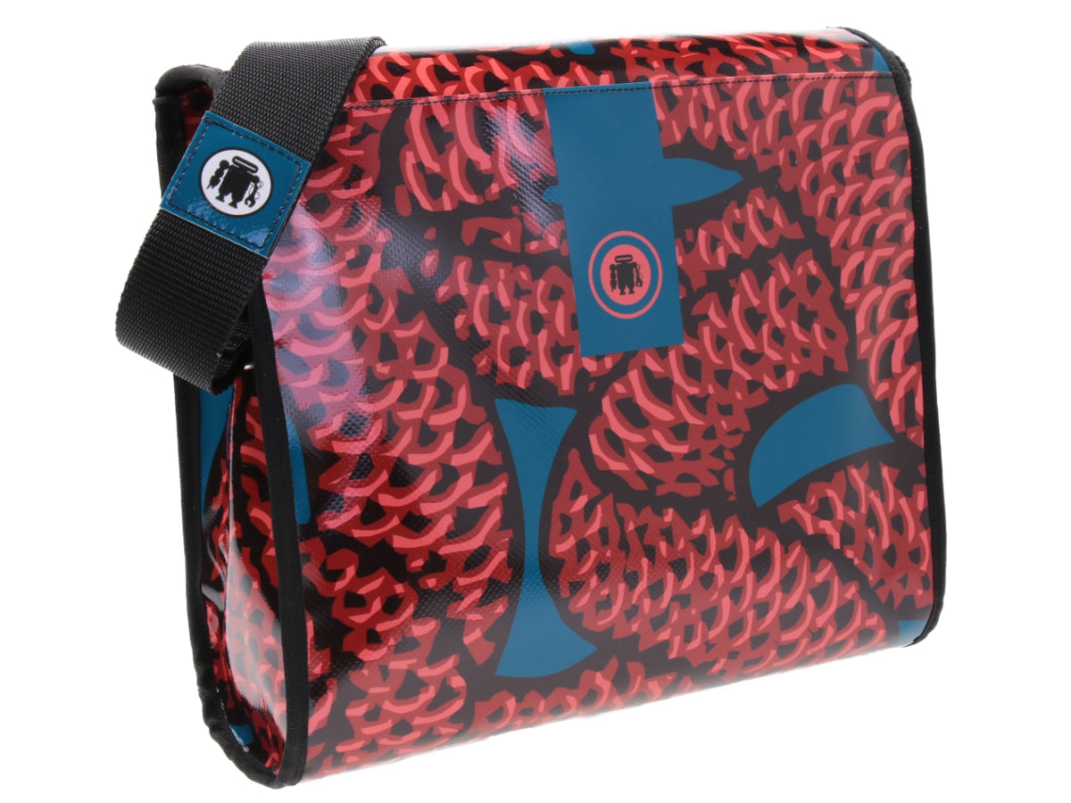 CROSSBODY BAG BORDEAUX, BLACK AND LIGHT BLUE. MODEL BREAK MADE OF LORRY TARPAULIN.