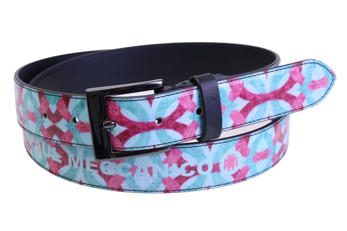 WATER GREEN WOMEN&#39;S BELT WITH ETHNIC FANTASY MADE OF LORRY TARPAULIN.