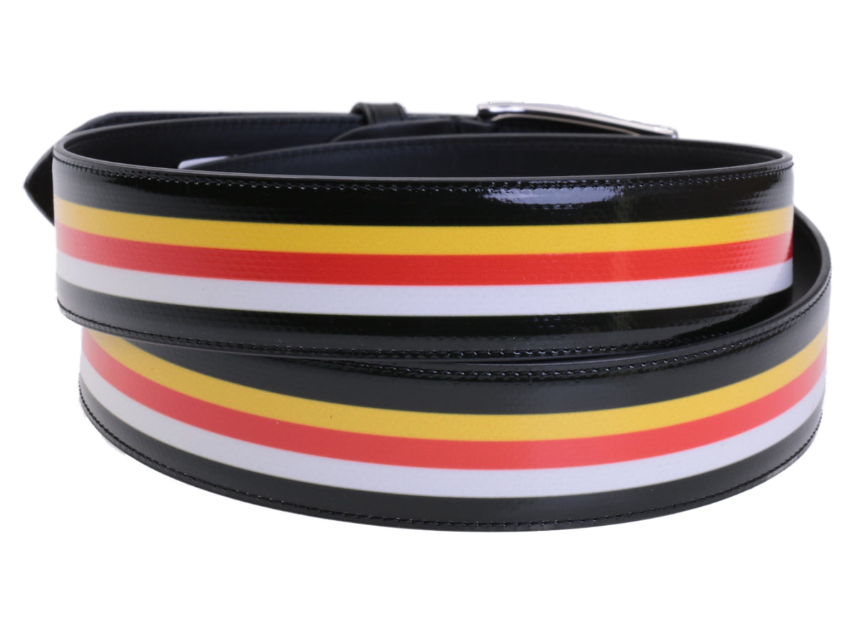 STRIPED MEN&#39;S BELT BLACK FOREST, WHITE, RED AND YELLOW COLOURS MADE OF LORRY TARPAULIN.
