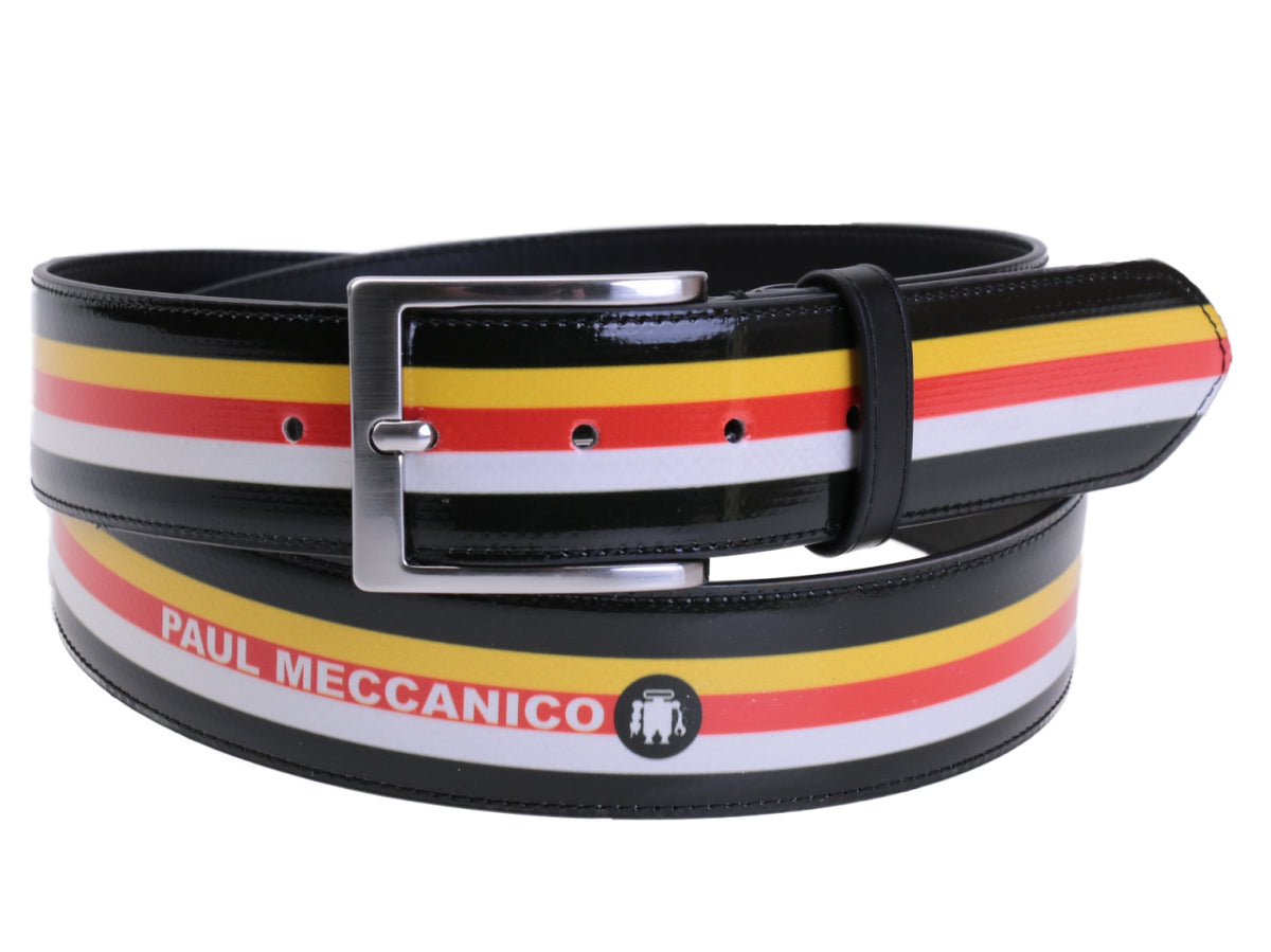 STRIPED MEN&#39;S BELT BLACK FOREST, WHITE, RED AND YELLOW COLOURS MADE OF LORRY TARPAULIN.