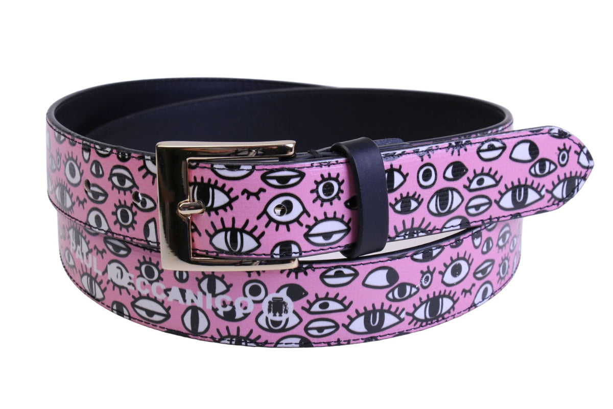 PINK WOMEN&#39;S BELT &quot;EYES&quot; MADE OF LORRY TARPAULIN.