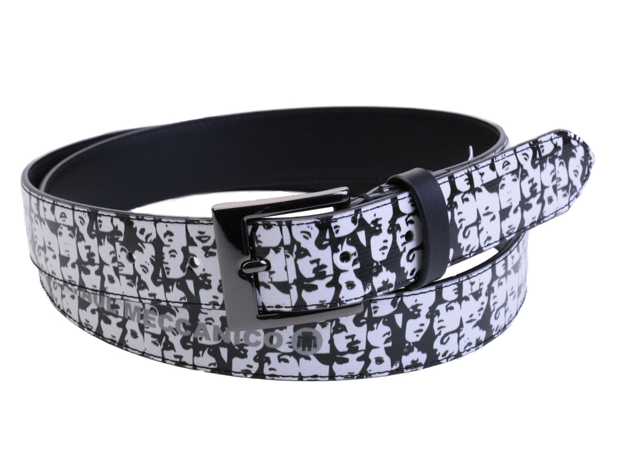 BLACK AND WHITE WOMEN&#39;S BELT &quot;FACES&quot; MADE OF LORRY TARPAULIN.