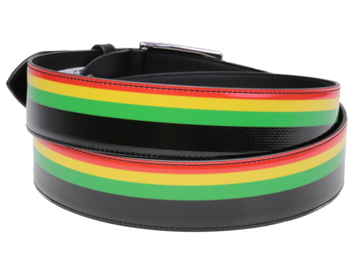 STRIPED MEN&#39;S BELT BLACK FOREST, GREEN, YELLOW AND RED COLOURS MADE OF LORRY TARPAULIN.