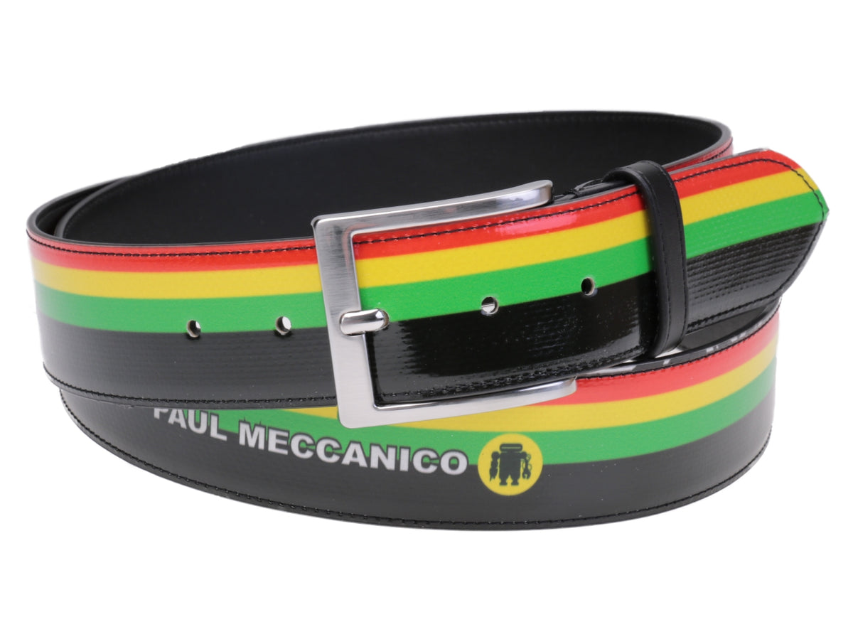 STRIPED MEN&#39;S BELT BLACK FOREST, GREEN, YELLOW AND RED COLOURS MADE OF LORRY TARPAULIN.