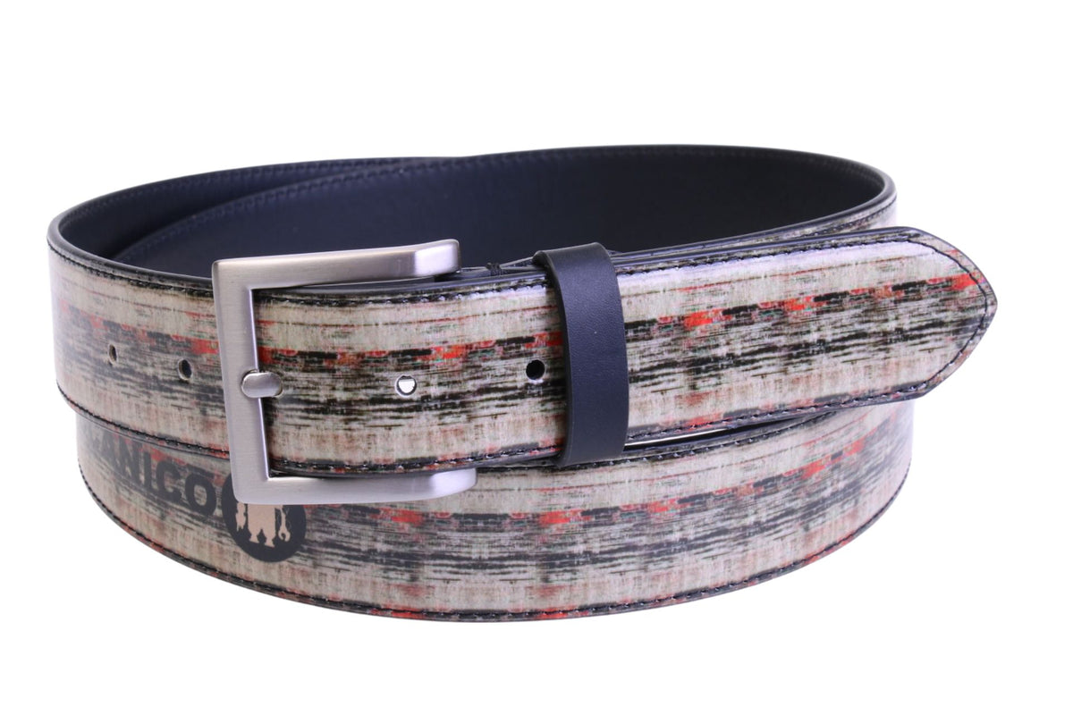 BLACK AND BEIGE MEN&#39;S BELT WITH ETHNIC FANTASY MADE OF LORRY TARPAULIN.