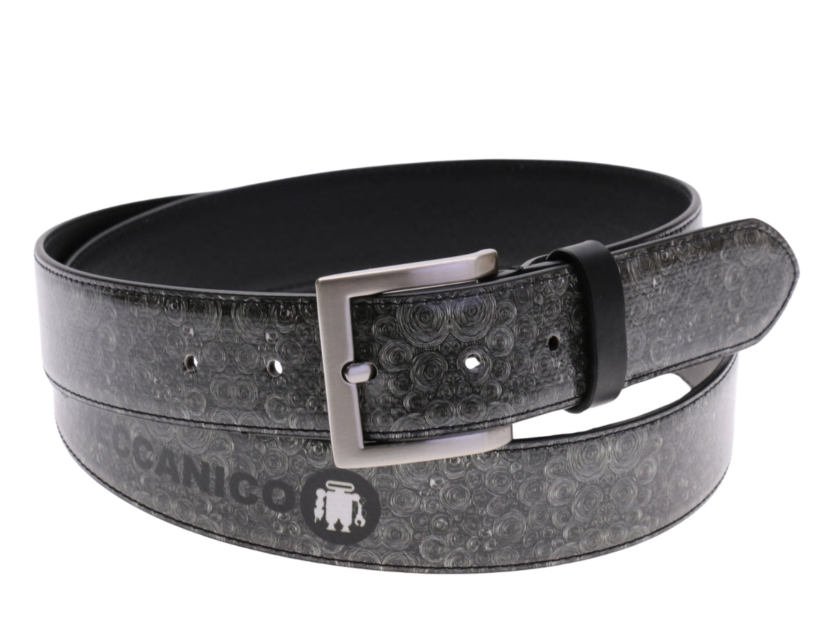 .GREY MEN&#39;S BELT WITH CIRCLES MADE OF LORRY TARPAULIN.