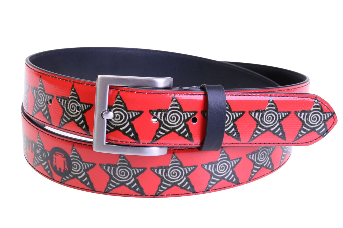 RED MEN&#39;S BELT &quot;STARS&quot; MADE OF LORRY TARPAULIN.