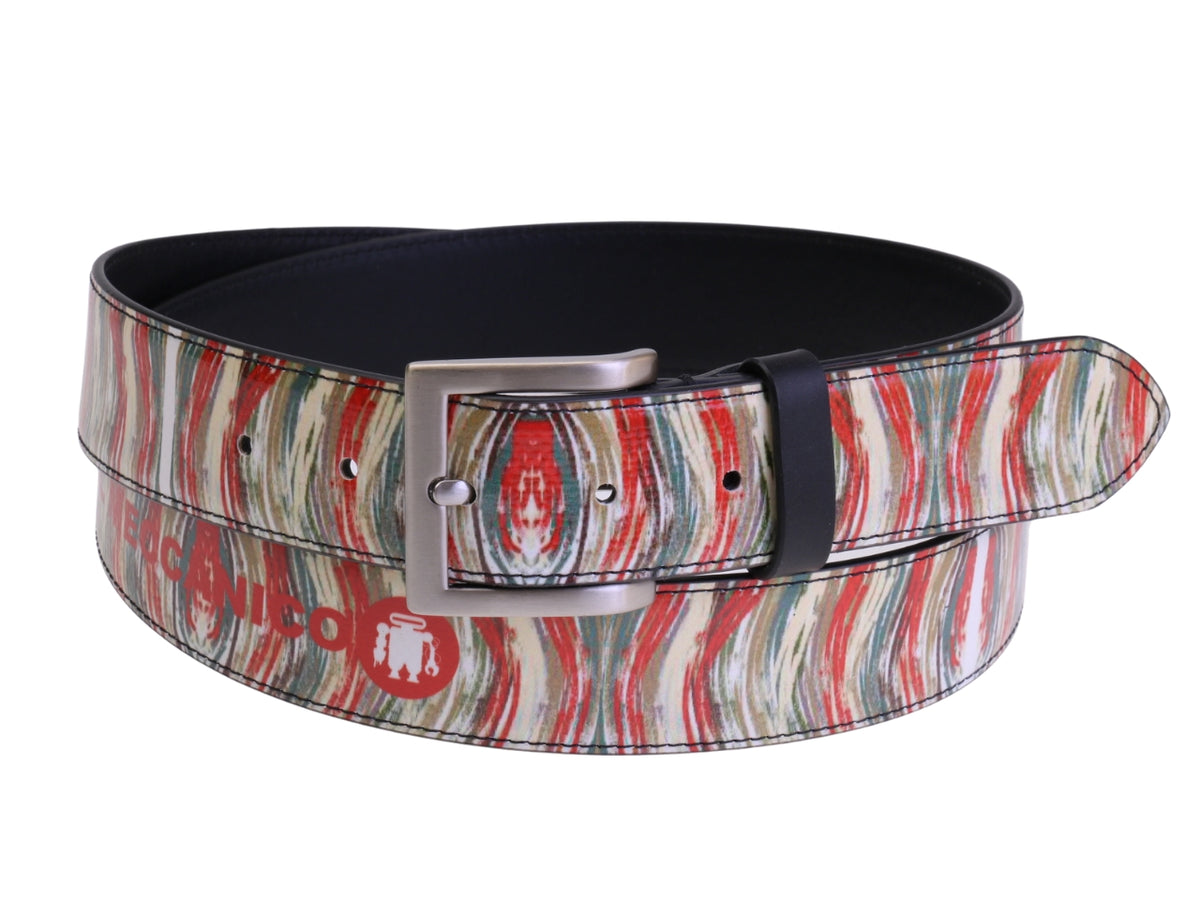 ....BEIGE MEN&#39;S BELT WITH ABSTRACT FANTASY MADE OF LORRY TARPAULIN.