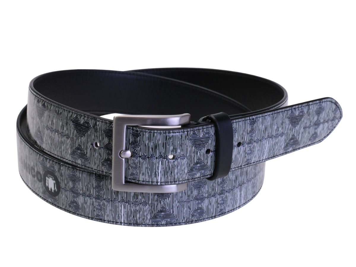 .BLACK MEN&#39;S BELT WITH &quot;GEOMETRIC HEARTS&quot; STYLE MADE OF LORRY TARPAULIN.